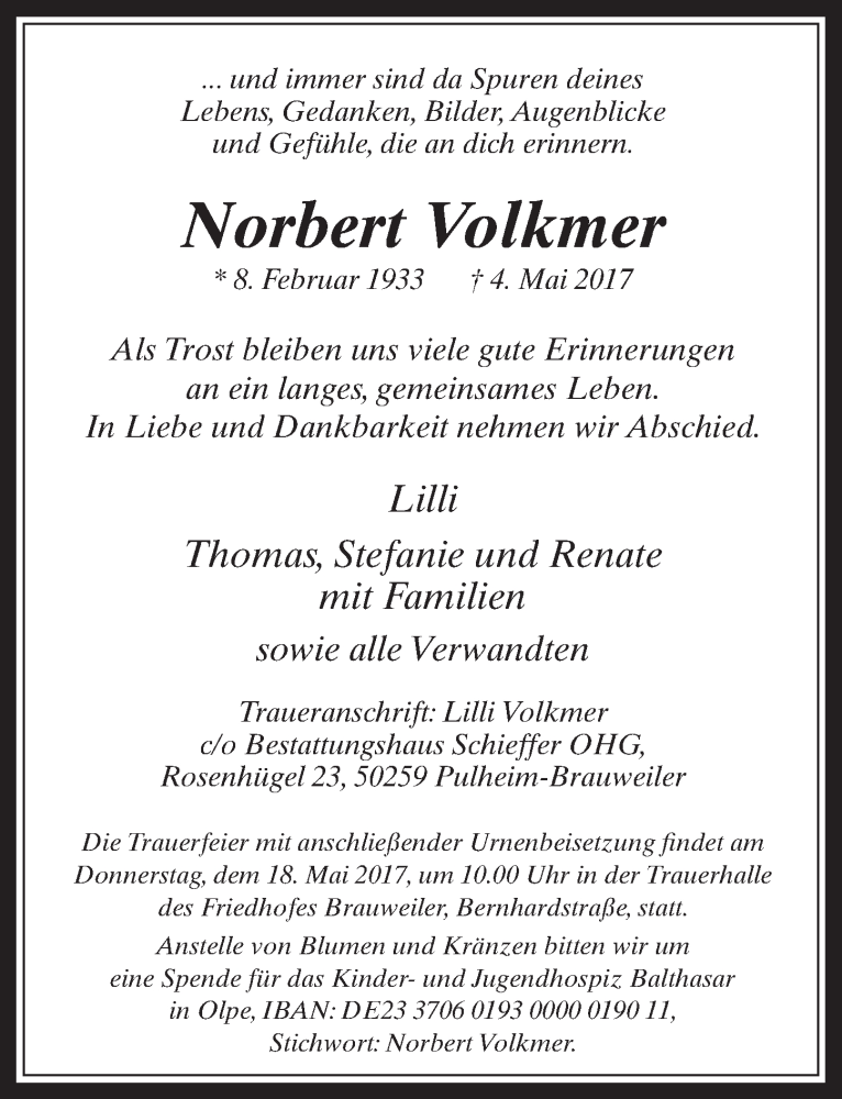  Traueranzeige für Norbert Volkmer vom 10.05.2017 aus  Wochenende 