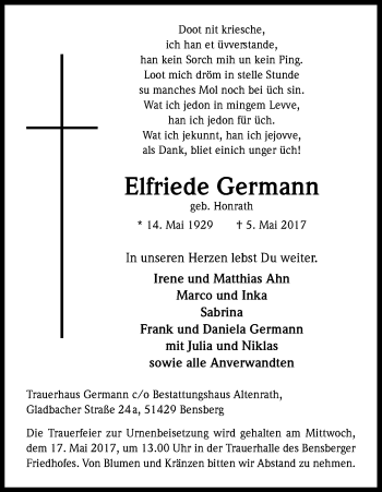 Anzeige von Elfriede Germann von Kölner Stadt-Anzeiger / Kölnische Rundschau / Express