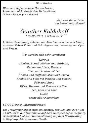 Anzeige von Günther Koldehoff von Kölner Stadt-Anzeiger / Kölnische Rundschau / Express