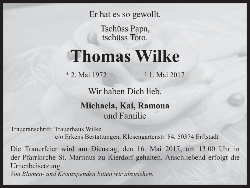  Traueranzeige für Thomas Wilke vom 13.05.2017 aus  Sonntags-Post 