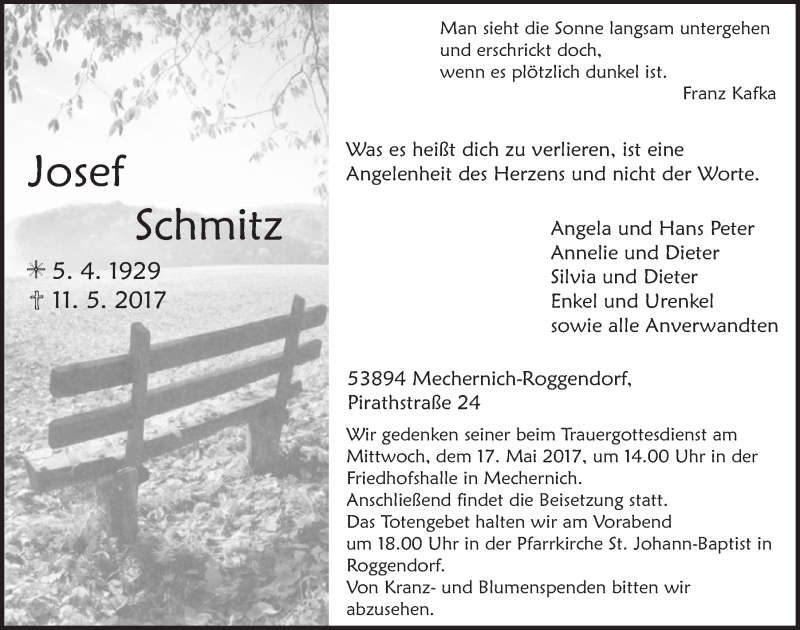  Traueranzeige für Josef Schmitz vom 13.05.2017 aus  Blickpunkt Euskirchen 