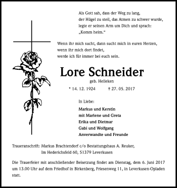 Anzeige von Lore Schneider von Kölner Stadt-Anzeiger / Kölnische Rundschau / Express