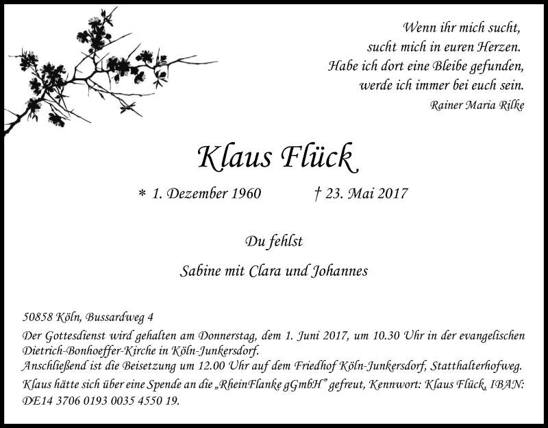  Traueranzeige für Klaus Flück vom 29.05.2017 aus Kölner Stadt-Anzeiger / Kölnische Rundschau / Express