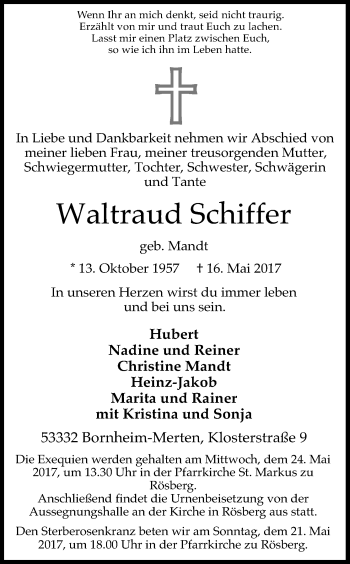 Anzeige von Waltraud Schiffer von Kölner Stadt-Anzeiger / Kölnische Rundschau / Express