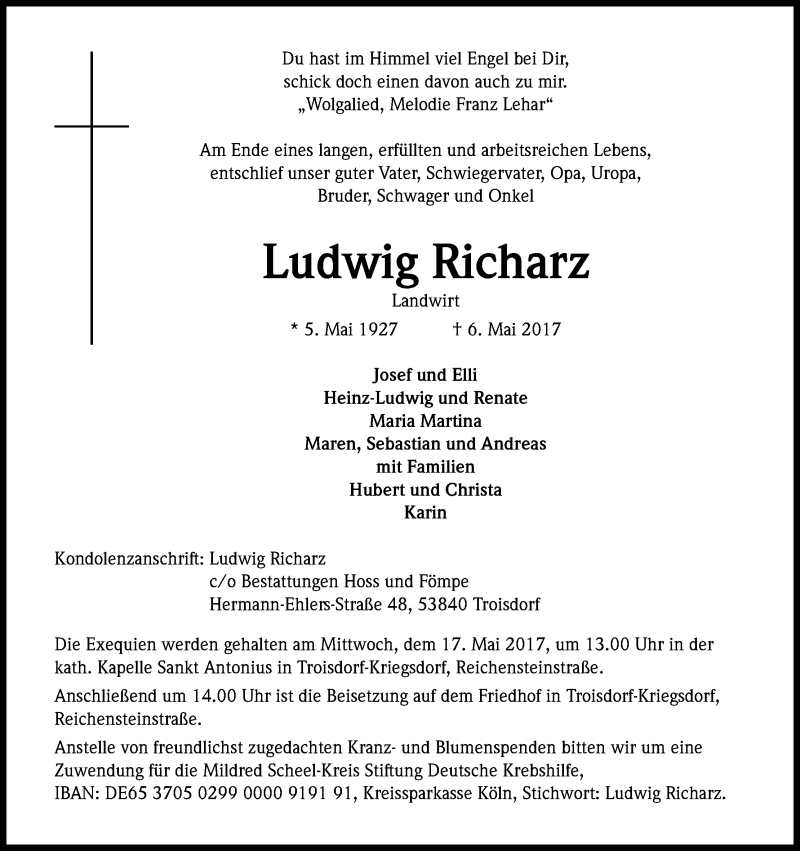 Traueranzeige für Ludwig Richarz vom 13.05.2017 aus Kölner Stadt-Anzeiger / Kölnische Rundschau / Express