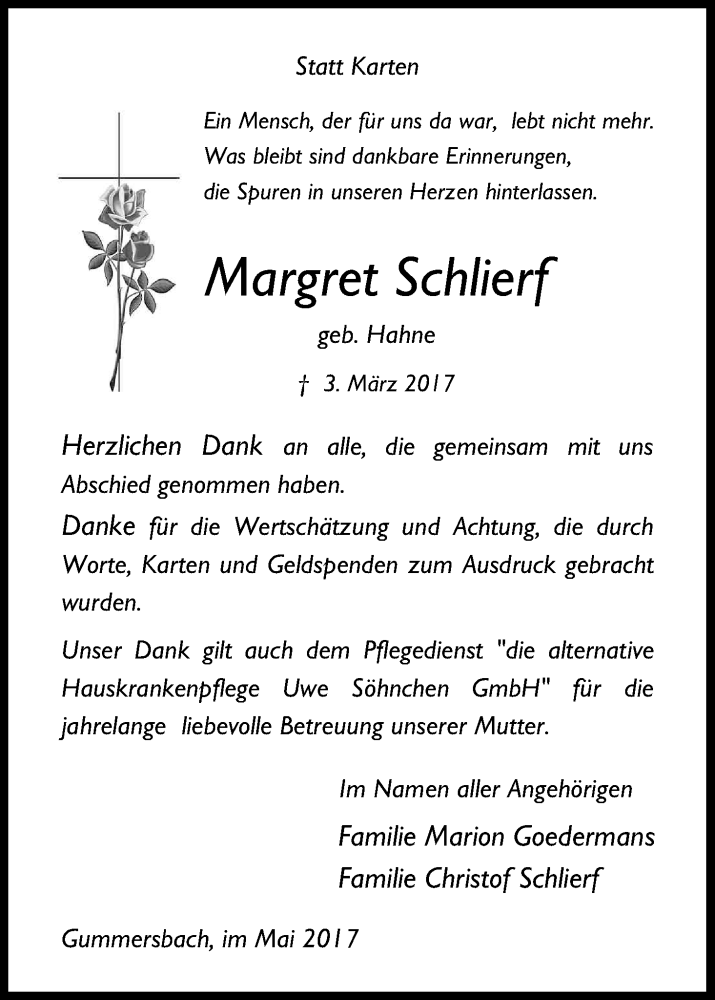  Traueranzeige für Margret Schlierf vom 12.05.2017 aus Kölner Stadt-Anzeiger / Kölnische Rundschau / Express