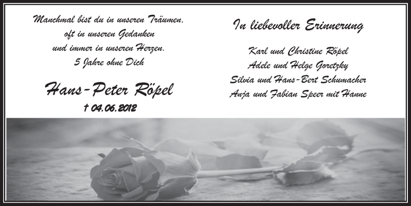  Traueranzeige für Hans-Peter Röpel vom 31.05.2017 aus  Wochenende 