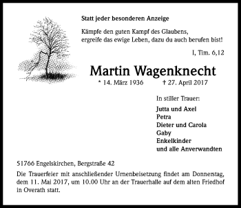 Anzeige von Martin Wagenknecht von Kölner Stadt-Anzeiger / Kölnische Rundschau / Express