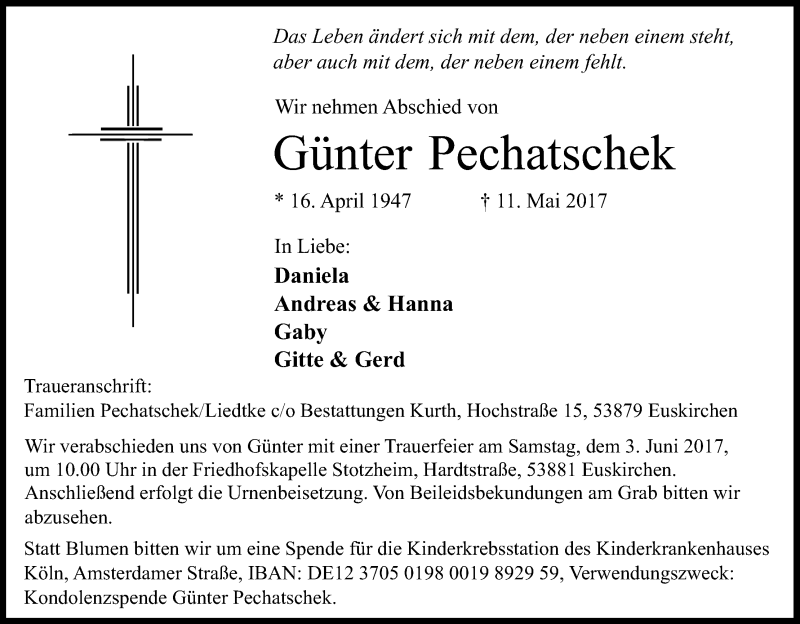  Traueranzeige für Günter Pechatschek vom 24.05.2017 aus Kölner Stadt-Anzeiger / Kölnische Rundschau / Express