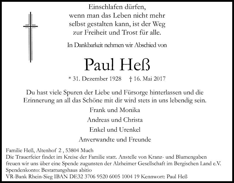  Traueranzeige für Paul Heß vom 22.05.2017 aus Kölner Stadt-Anzeiger / Kölnische Rundschau / Express