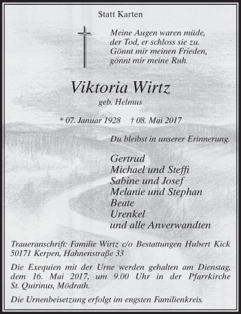 Anzeige von Viktoria Wirtz von  Sonntags-Post 