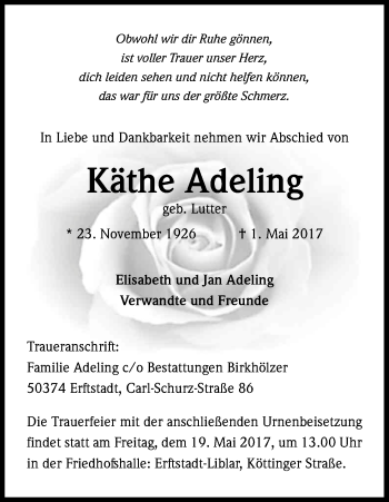 Anzeige von Käthe Adeling von Kölner Stadt-Anzeiger / Kölnische Rundschau / Express