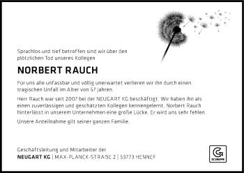 Anzeige von Norbert Rauch von Kölner Stadt-Anzeiger / Kölnische Rundschau / Express