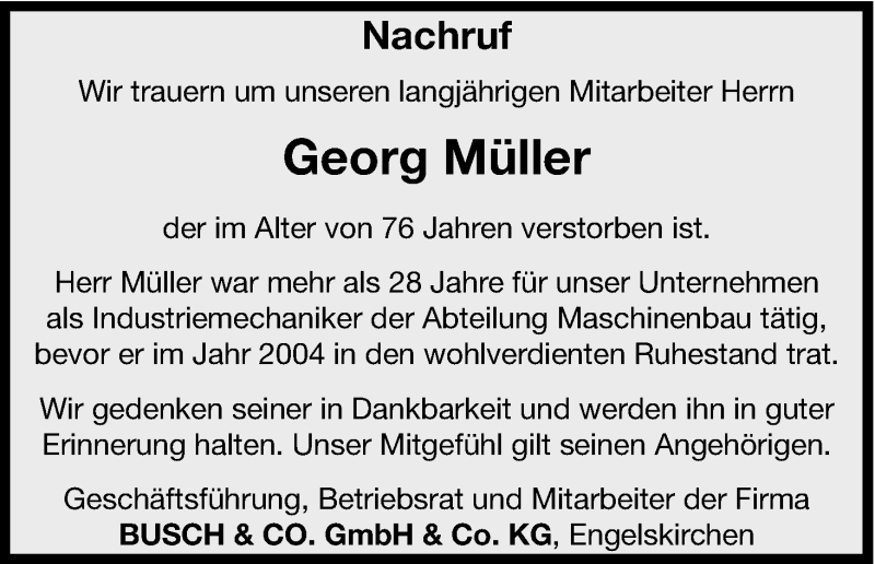 Traueranzeige für Georg Müller vom 13.05.2017 aus Kölner Stadt-Anzeiger / Kölnische Rundschau / Express