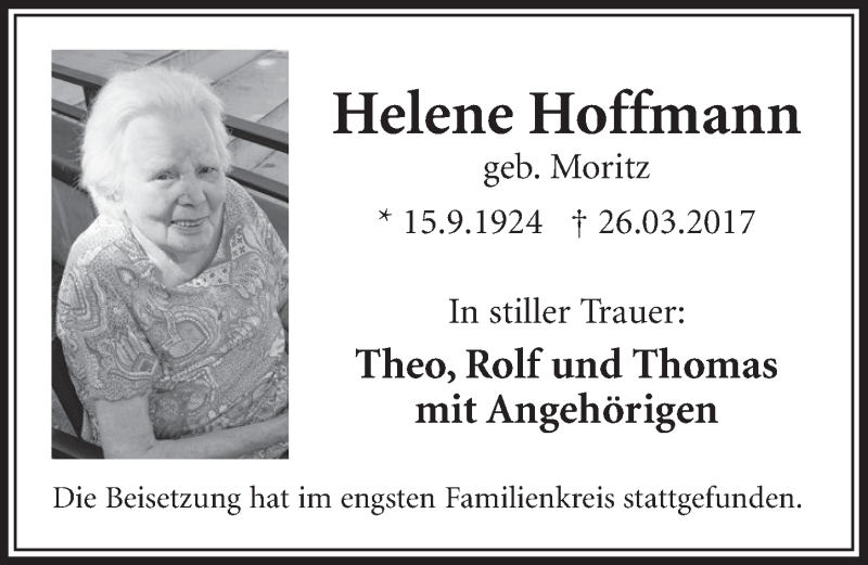  Traueranzeige für Helene Hoffmann vom 10.05.2017 aus  Schlossbote/Werbekurier 