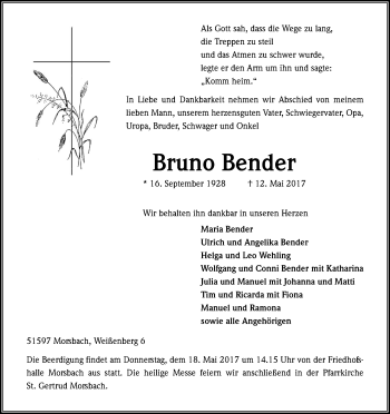 Anzeige von Bruno Bender von Kölner Stadt-Anzeiger / Kölnische Rundschau / Express