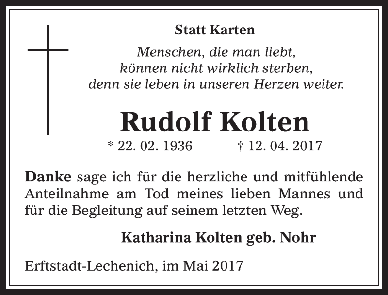  Traueranzeige für Rudolf Kolten vom 10.05.2017 aus  Werbepost 