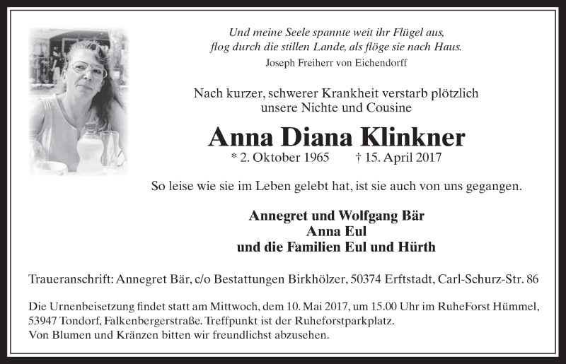  Traueranzeige für Anna Diana Klinkner vom 03.05.2017 aus  Werbepost 