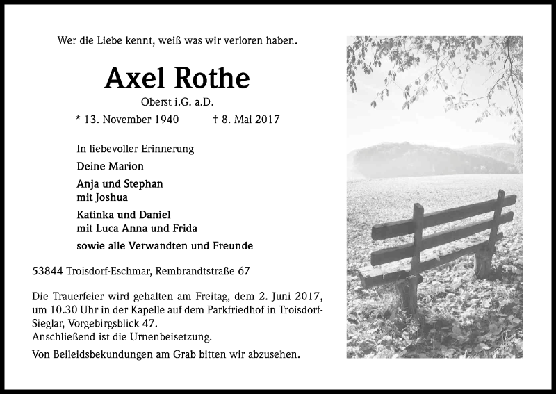  Traueranzeige für Axel Rothe vom 13.05.2017 aus Kölner Stadt-Anzeiger / Kölnische Rundschau / Express