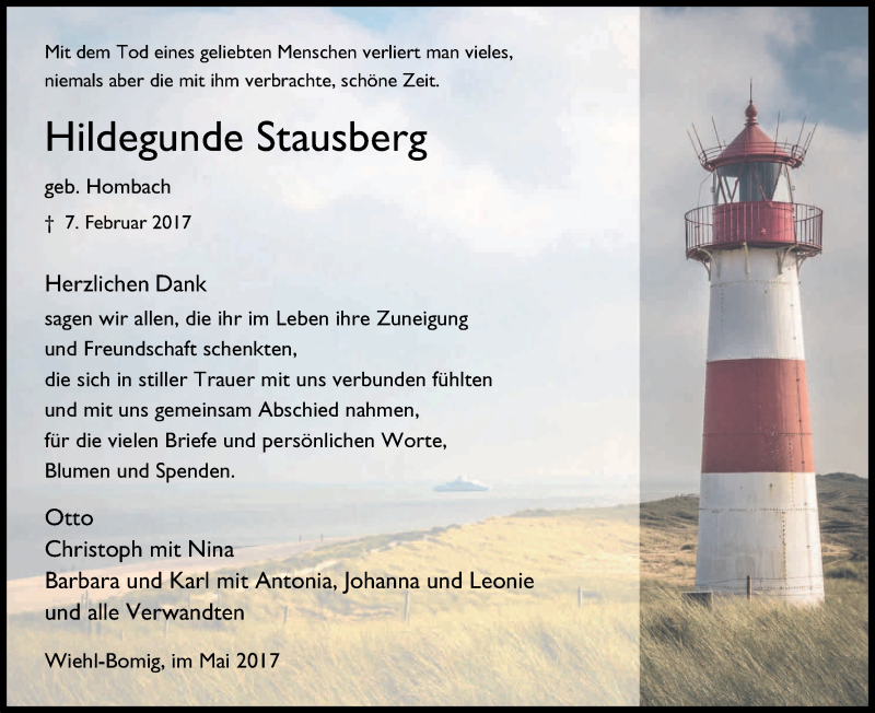  Traueranzeige für Hildegunde Stausberg vom 03.05.2017 aus Kölner Stadt-Anzeiger / Kölnische Rundschau / Express