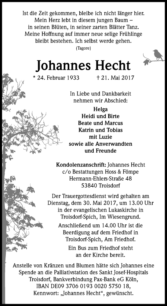  Traueranzeige für Johannes Hecht vom 27.05.2017 aus Kölner Stadt-Anzeiger / Kölnische Rundschau / Express