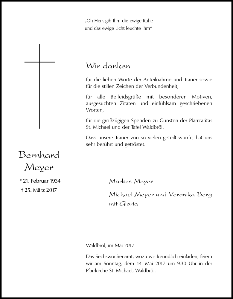  Traueranzeige für Bernhard Meyer vom 10.05.2017 aus  Anzeigen Echo  Lokalanzeiger 
