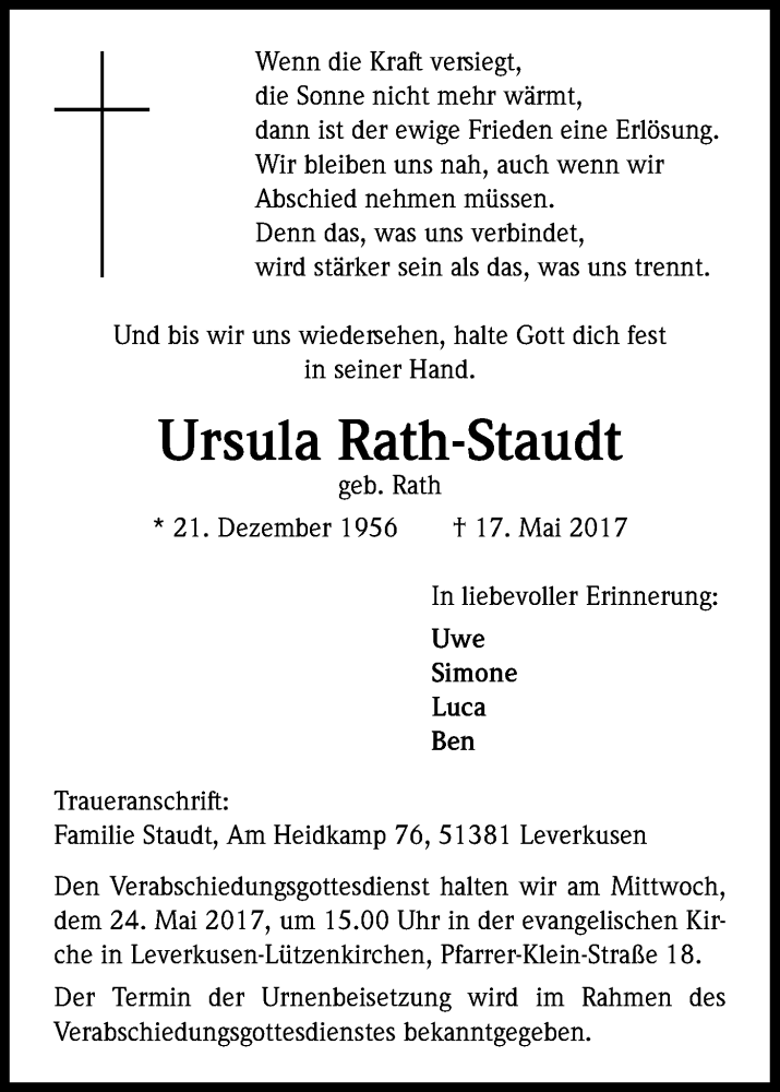  Traueranzeige für Ursula Rath-Staudt vom 23.05.2017 aus Kölner Stadt-Anzeiger / Kölnische Rundschau / Express