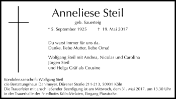 Anzeige von Anneliese Steil von Kölner Stadt-Anzeiger / Kölnische Rundschau / Express