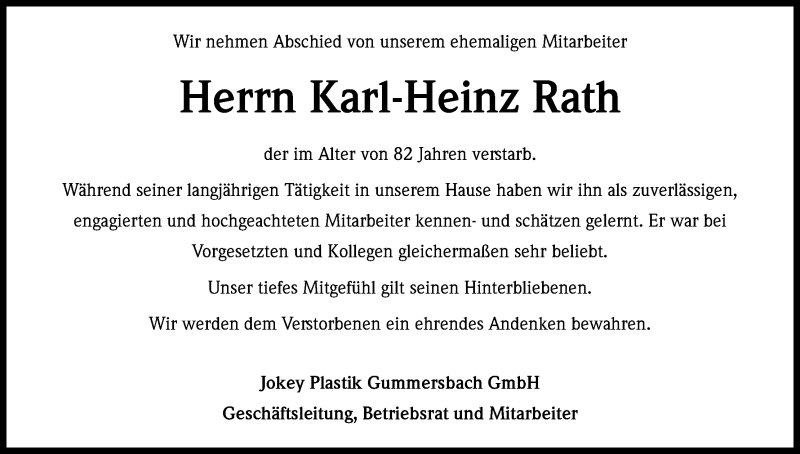  Traueranzeige für Karl-Heinz Rath vom 27.05.2017 aus Kölner Stadt-Anzeiger / Kölnische Rundschau / Express