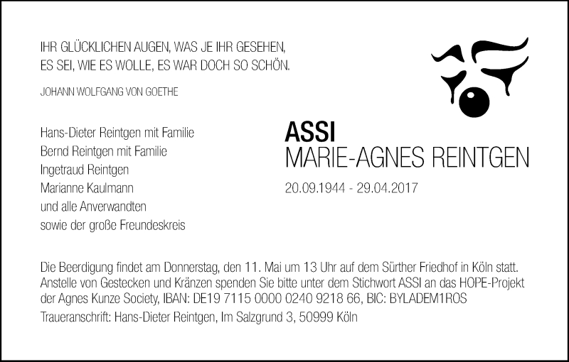  Traueranzeige für Marie-Agnes Reintgen vom 06.05.2017 aus Kölner Stadt-Anzeiger / Kölnische Rundschau / Express