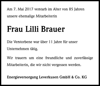 Anzeige von Lilli Brauer von Kölner Stadt-Anzeiger / Kölnische Rundschau / Express