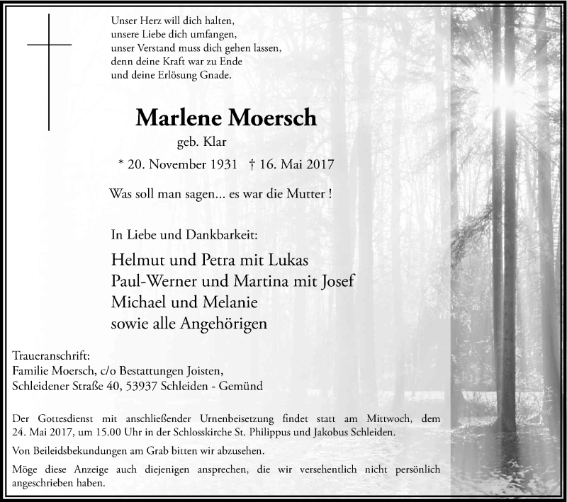  Traueranzeige für Marlene Moersch vom 20.05.2017 aus Kölner Stadt-Anzeiger / Kölnische Rundschau / Express