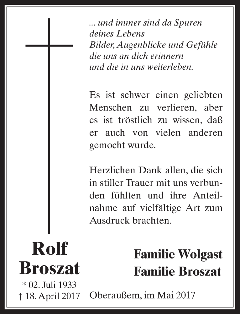  Traueranzeige für Rolf Broszat vom 31.05.2017 aus  Werbepost 