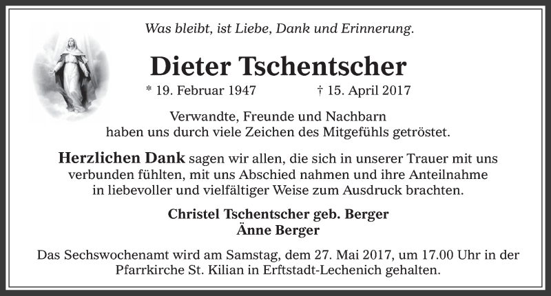  Traueranzeige für Dieter Tschentscher vom 17.05.2017 aus  Werbepost 