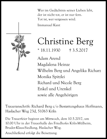 Anzeige von Christine Berg von Kölner Stadt-Anzeiger / Kölnische Rundschau / Express
