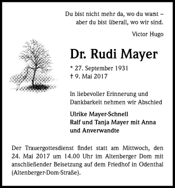 Anzeige von Rudi Mayer von Kölner Stadt-Anzeiger / Kölnische Rundschau / Express