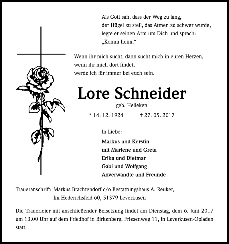  Traueranzeige für Lore Schneider vom 01.06.2017 aus Kölner Stadt-Anzeiger / Kölnische Rundschau / Express