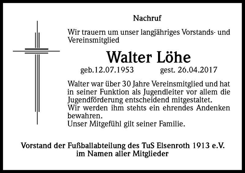  Traueranzeige für Walter Löhe vom 12.05.2017 aus Kölner Stadt-Anzeiger / Kölnische Rundschau / Express