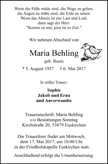 Anzeige von Maria Behling von  Blickpunkt Euskirchen 