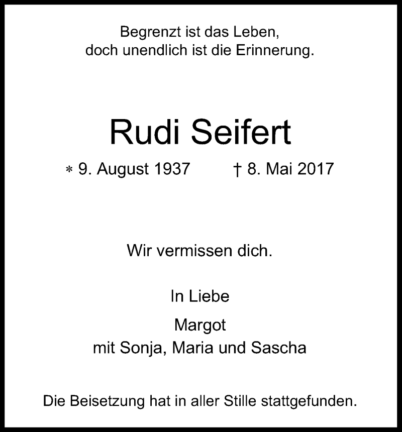  Traueranzeige für Rudi Seifert vom 20.05.2017 aus Kölner Stadt-Anzeiger / Kölnische Rundschau / Express