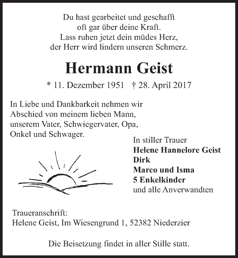  Traueranzeige für Hermann Geist vom 10.05.2017 aus  Werbepost 