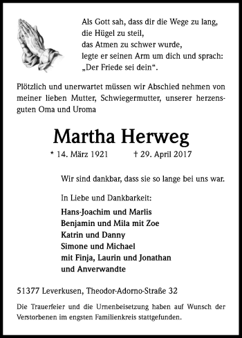 Anzeige von Martha Herweg von Kölner Stadt-Anzeiger / Kölnische Rundschau / Express