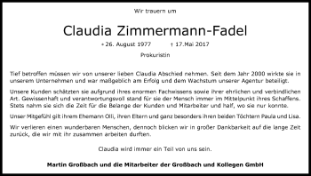 Anzeige von Claudia Zimmermann-Fadel von Kölner Stadt-Anzeiger / Kölnische Rundschau / Express