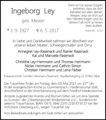 Anzeige von Ingeborg Ley von Kölner Stadt-Anzeiger / Kölnische Rundschau / Express