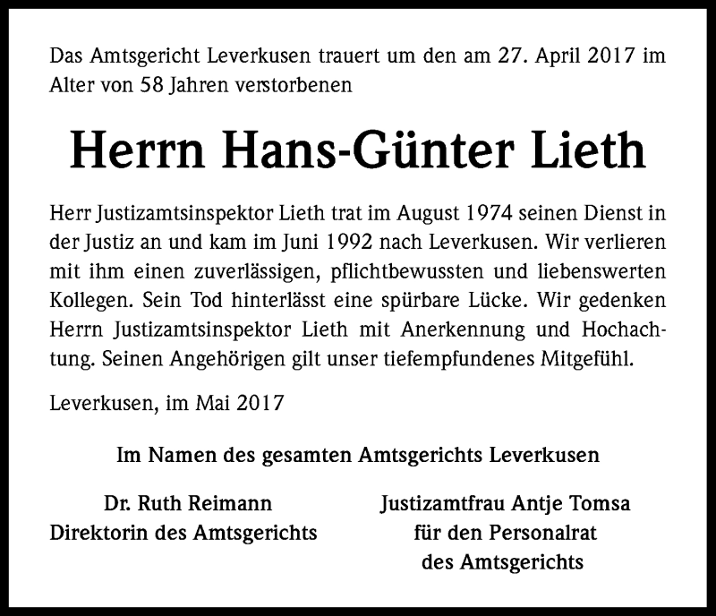  Traueranzeige für Hans-Günter Lieth vom 10.05.2017 aus Kölner Stadt-Anzeiger / Kölnische Rundschau / Express