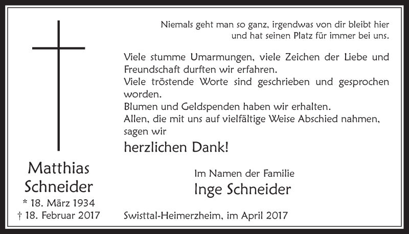  Traueranzeige für Inge Schneider vom 10.05.2017 aus  Schaufenster/Blickpunkt 