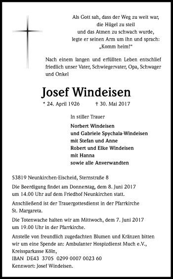 Anzeige von Josef Windeisen von Kölner Stadt-Anzeiger / Kölnische Rundschau / Express