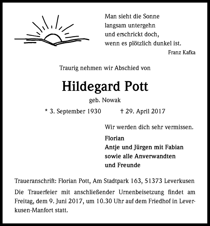  Traueranzeige für Hildegard Pott vom 06.05.2017 aus Kölner Stadt-Anzeiger / Kölnische Rundschau / Express