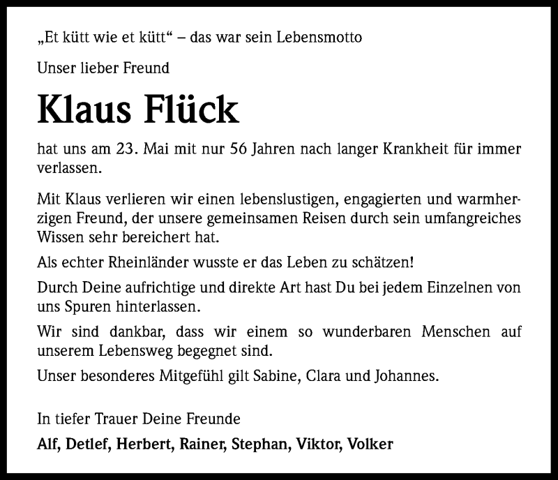  Traueranzeige für Klaus Flück vom 30.05.2017 aus Kölner Stadt-Anzeiger / Kölnische Rundschau / Express