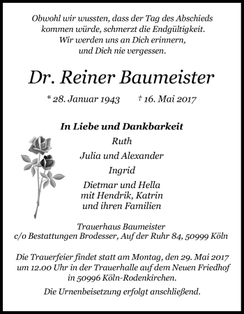Anzeige von Reiner Baumeister von Kölner Stadt-Anzeiger / Kölnische Rundschau / Express